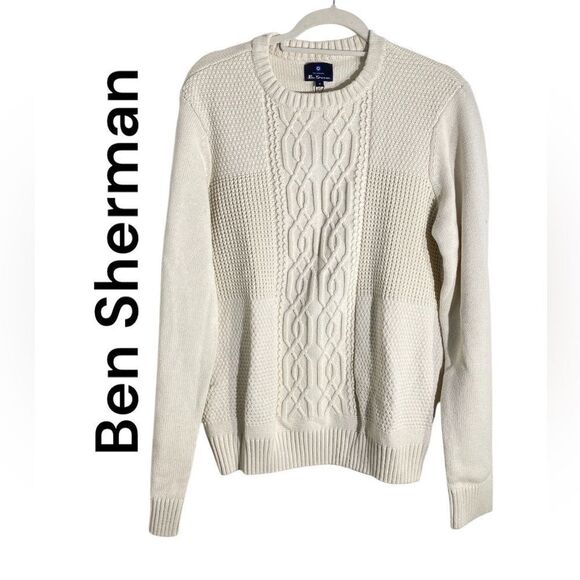 NWT Ben Sherman Men's Cable Knit Crew Neck Pullover Cream Sz M - Picture 1 of 5